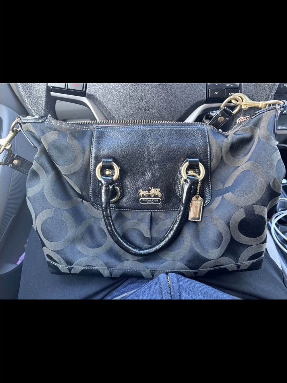 Coach Black & Gray Signature Satchel with Leather Trim